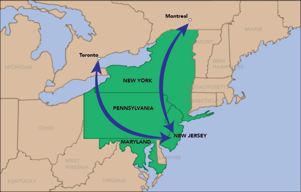 Truck route map of North East U.S. and Eastern Canada region